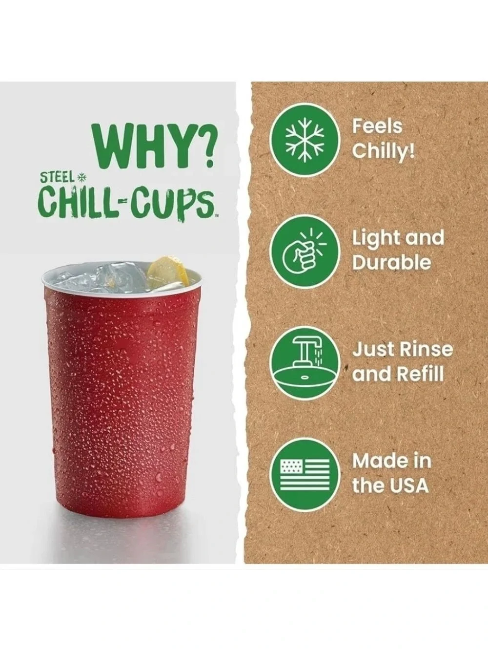Red Steel Chill Cups Eco Friendly Party Cups Recyclable Made in USA